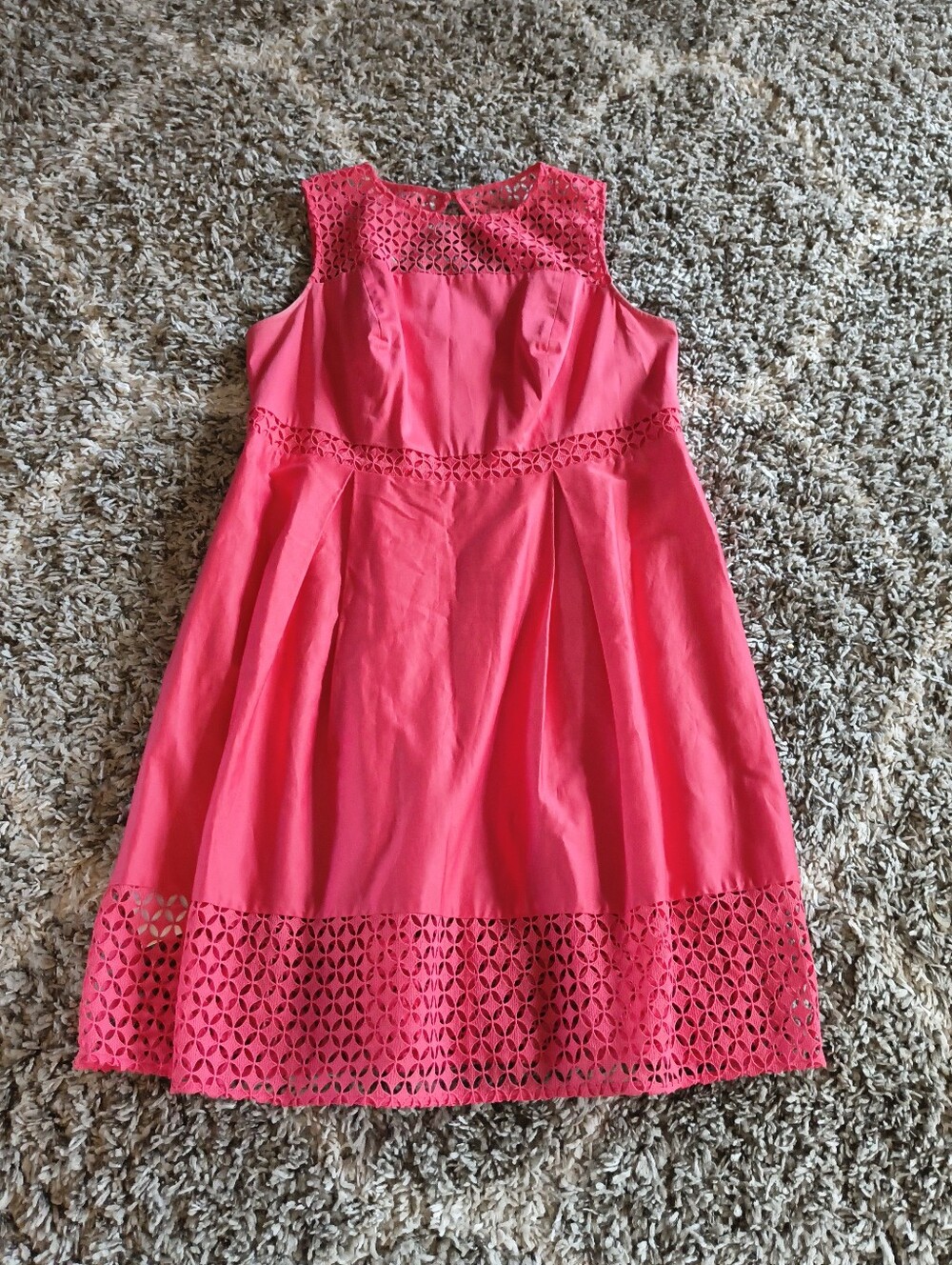 Calvin Klein Coral Dress Eyelet Lace Crochet Trim Pleated Fit And Flare